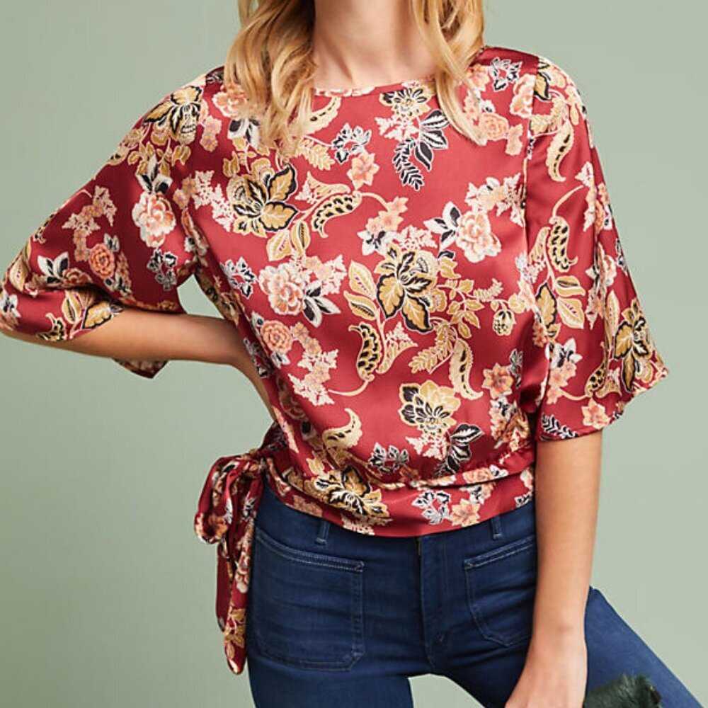 Anthropologie Red Floral Wrap-Side Satin Blouse